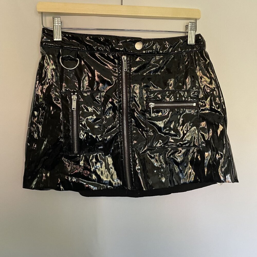 Black Vinyl Mini Skirt With Zipper Pockets & Ring‎ Detail By Garage P/S women's